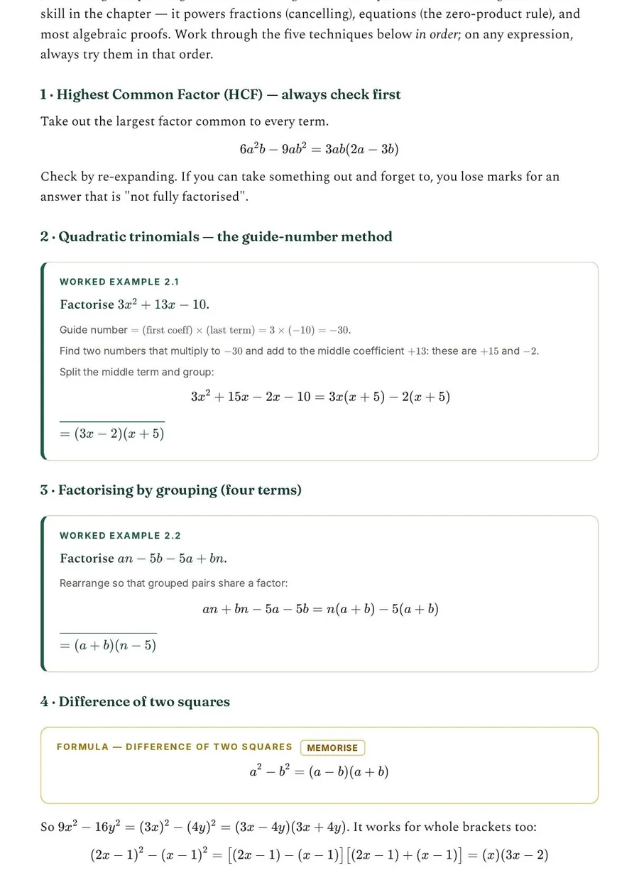 Algebra factorising notes used in online maths grinds