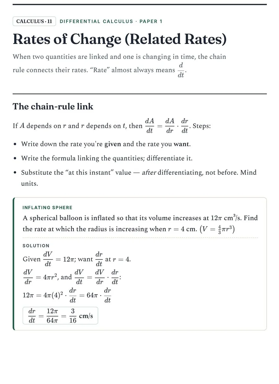 Calculus related-rates worked example from the maths notes